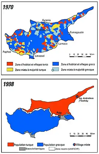 Double carte des zones de peuplement de Chypre en 1970 et en 1998 avec en rouge et en jaune, les zones de peuplement turques et en bleu clair et foncé, celles grecques.