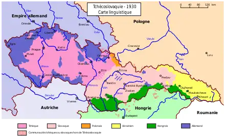Carte colorée des différents langages présents en Tchécoslovaquie en 1930.