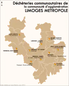 carte situant les dix déchèteries de la communauté urbaine Limoges Métropole