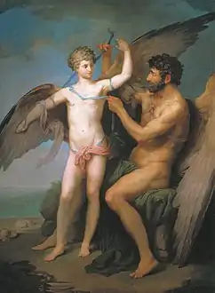 À droite, un homme nu, barbu et pourvu d'ailes, est assis. Il attache d'autres ailes à son jeune fils, qui se tient debout devant lui.