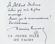 Dédicace de Maurice Renard à Albert Dubeux en première page de son roman "La Jeune Fille du yacht".