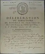 Délibération du directoire du district de Strasbourg du 18 octobre 1792 autour des dénonciations qui demandent l'éloignement de George Graff, ex-capucin (l'ordre mineur des Capucins avait été aboli en 1790) de la commune d'Oberschaeffolsheim.