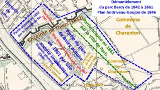 Démantèlement du parc de Bercy de 1842 à 1861 sur plan de 1846.