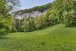 Vue du Désert de Jean-Jacques Rousseau depuis la prairie située au débouché de la gorge au nord.