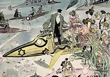 lithographie d'Albert Robida représentant une vue futuriste de Paris dans laquelle un homme accueille à bord de son aéronef plusieurs femmes.