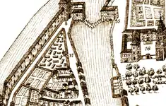 L'ancien cimetière protestant (n°37) en 1674 en bordure de l'Agoût. Au n°16, on voit le nouveau palais épiscopal.