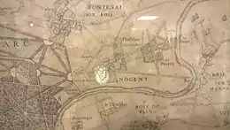 Détail de carte réalisée par l'abbé Jean Delagrive en 1731 figurant le village Nogent-sur-Marne et le site de Plaisance au XVIIIe siècle