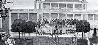 Illustration noir et blanc, montrant des militaires en uniformes levant leur verre.