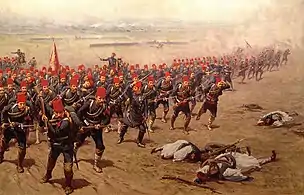 Tableau montrant des soldats en fez rouge en pleine charge tandis que des soldats en fustanelles gisent au sol.
