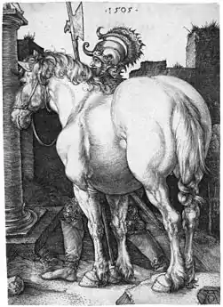 Gravure en noir et blanc d'un cheval massif vu de trois-quart dos.