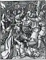 Le Christ embrassé par Judas, entourés de soldat, Pierre sortant son épée contre l'un d'eux au premier plan.