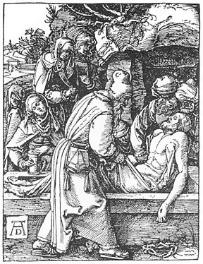 Albrecht Dürer : « Mise au tombeau » , folio 28 de la Petite Passion (1511).