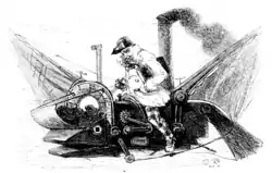 Gravure en noir et blanc d'un homme chevauchant un engin à vapeur qui resemble à un poisson volant mécanique.