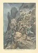 Couverture arrière de La Domenica del Corriere, 1er août 1915 : en concurrence avec les troupes alpines, une affectation d'infanterie escaladant un « ravin » difficile prend la Cima di Falzarego par surprise.