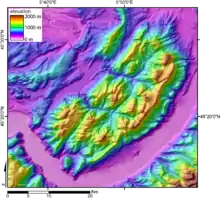 Modèle numérique de terrain du massif de la Chartreuse avec la cluse de Voreppe au sud-ouest.