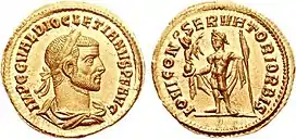 Photographie des deux faces d'une pièce en or représentant Dioclétien.