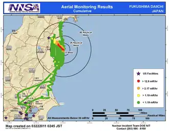 Carte montrant des zones irradiées dans l'est de la préfecture de Fukushima.