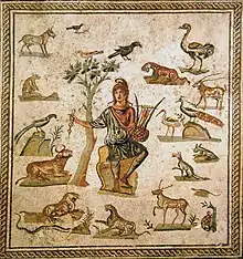 mosaïque antique : un homme avec un bonnet phrygien entouré d'animaux