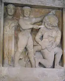 Athéna, Persée, Pégase et Méduse. Métope du temple C, Sélinonte, v. 550. Calcaire