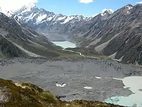 Le glacier Mueller (sous les gravats) et sa moraine (au premier plan), le glacier Hooker et son lac terminal (au second plan) et l'Aoraki/Mont Cook, en arrière-plan.