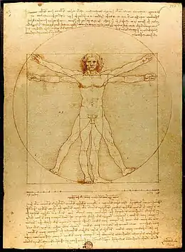 Dessin représentant un homme vu en pied dont les traits superposent deux positions : les membres tendus inscrits dans un carré et les membres écartés inscrits dans un cercle.