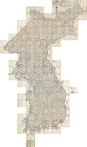 Reproduction d'une carte géographique ancienne, montrant la Corée.
