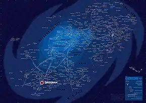 Carte illustrant la position des planètes et mettant en avant Dagobah, dans l'univers de Star Wars.