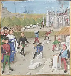 Dagobert visitant le chantier de l'abbaye Saint-Denis.
