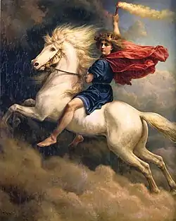 Dans un ciel nuageux, un jeune homme vêtu d'une tunique et tenant une torche à la main chevauche un cheval blanc semblant flotter dans les airs.