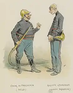 Dernier rôle de Dailly, face à Albert Brasseur dans Le Pompier de service. Dessin de Draner (1897).