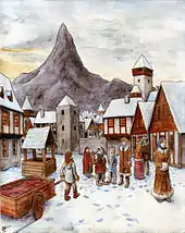 Dessin en couleur, avec des maisons en bois enneigées, un puits, plusieurs personnages vêtus de fourrures et une montagne isolée en arriève-plan