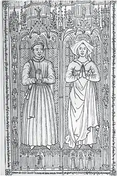 Deux personnages en position de gisant, les mains jointes, dans un décor d'architecture gothique. Quatre petits personnages en bas à droite