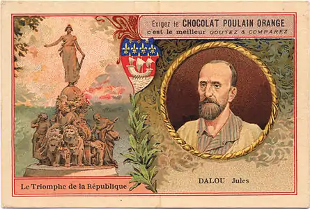 Chromolithographie en couleur montrant Le Triomphe de la République et un portrait en vignette de l'architecte Jules Dalou.