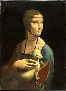 Peinture en buste représentant une jeune femme tenant un animal dans les mains.