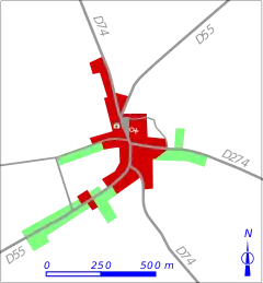 Carte en couleur représentant les étapes de développent du bâti d'un bourg.