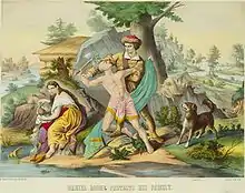 Estampe populaire de 1874 adaptant la composition de Greenough à un épisode de la vie du trappeur Daniel Boone