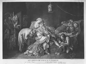 « Les adieux de Calas à sa famille ». Gravure de Daniel Chodowiecki, 1767, Berlin.  Légende : « Je crains Dieu… et n'ai point d'autres craintes. » Athalie, Jean Racine.