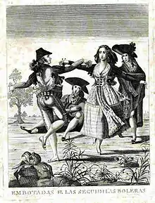  couple en costume dansant la séguidille, avec des castagnettes en mains