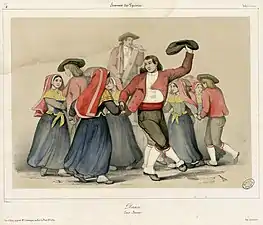 Danse (Eaux-Bonnes-Vallée d'Ossau) du recueil Album Pyrénéen ou Souvenir des Pyrénées (lithographie, n. d., Fonds Ancely de la Bibliothèque municipale de Toulouse).