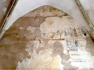 Vue d'ensemble de la fresque du cloître de Morella (Espagne), XVe siècle.