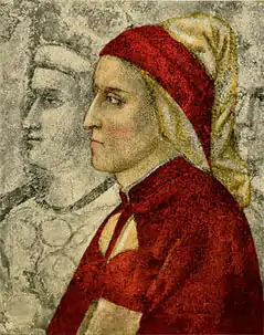 Portrait de trois-quart d'un homme glabre vêtu d'un bonnet et d'une tunique rouges et blanches.