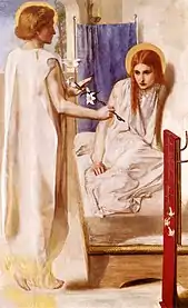 Peinture. L'ange, presque de dos, présente un lys à Marie recroquevillée sur son lit. Murs et habits sont blancs.