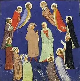 Illustration en couleurs représentant 12 personnes, dotées d'auréoles, entourant un couple en train de débattre.