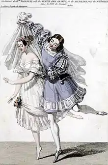 Gravure de Louis Maleuvre pour les costumes de Marie Taglioni (Fleur des champs) et Joseph Mazilier (Rudolph) dans le ballet-pantomime de Filippo Taglioni La Fille du Danube à l'Académie royale de Musique (Salle Le Peletier) en 1836