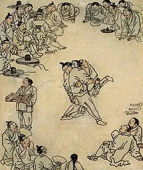 Lutteurs. Kim Hong-do (1745-v.1806/18). Feuille d'album, scènes de genre, encre sur papier, H. 27,7 cm. Musée national de Corée