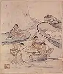 Lavandières. Encre et couleurs sur papier, 26,8 × 22,7 cm. 1750-1800. Feuille d'album, peintures de genre. Musée national de Corée