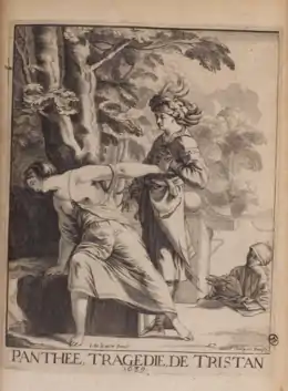 scène gravée montrant un homme portant la main à son cœur et une femme dénudée se détournant.