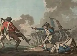 Eau-forte figurant un soldat muni d'un tambour tirant au pistolet sur d'autres soldats.