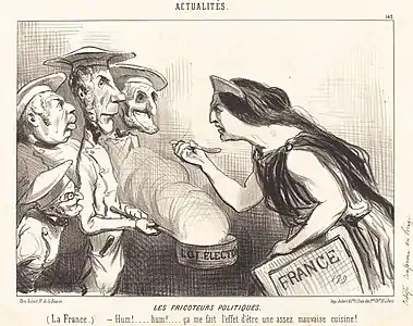 Thiers, Berryer, Faucher et Molé font goûter leur « assez mauvaise cuisine » électorale à la France. Les Fricoteurs politiques, caricature d'Honoré Daumier sur la loi électorale du 31 mai 1850.