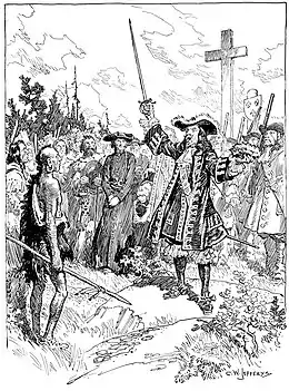 Simon François Daumont de Saint-Lusson prenant possession de la région des Grands Lacs au nom du Roi Louis XIV de France, lors d'une cérémonie tenue à Sault Ste. Marie le 14 juin 1671, dessin de 1895.
